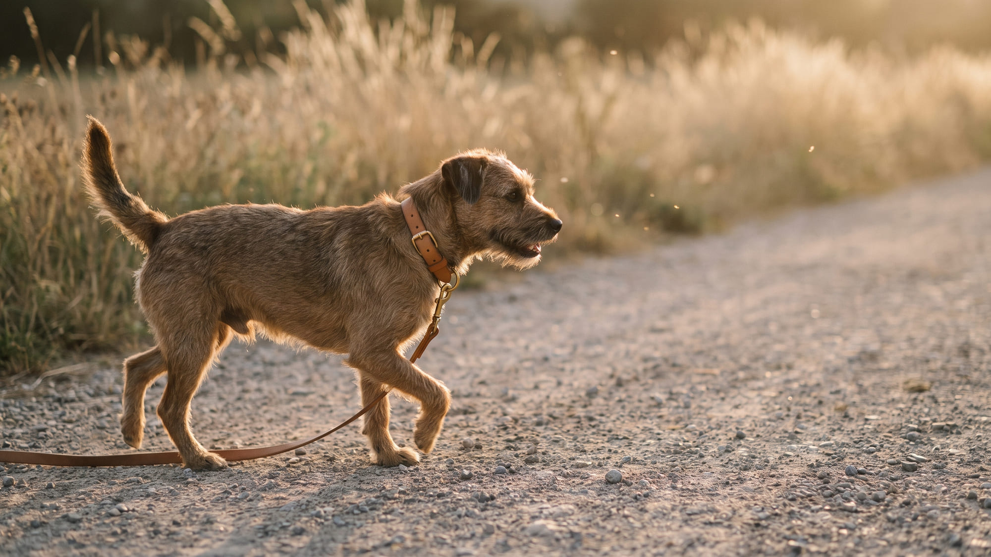 A terrier mid-stride on a gravel path at golden hour