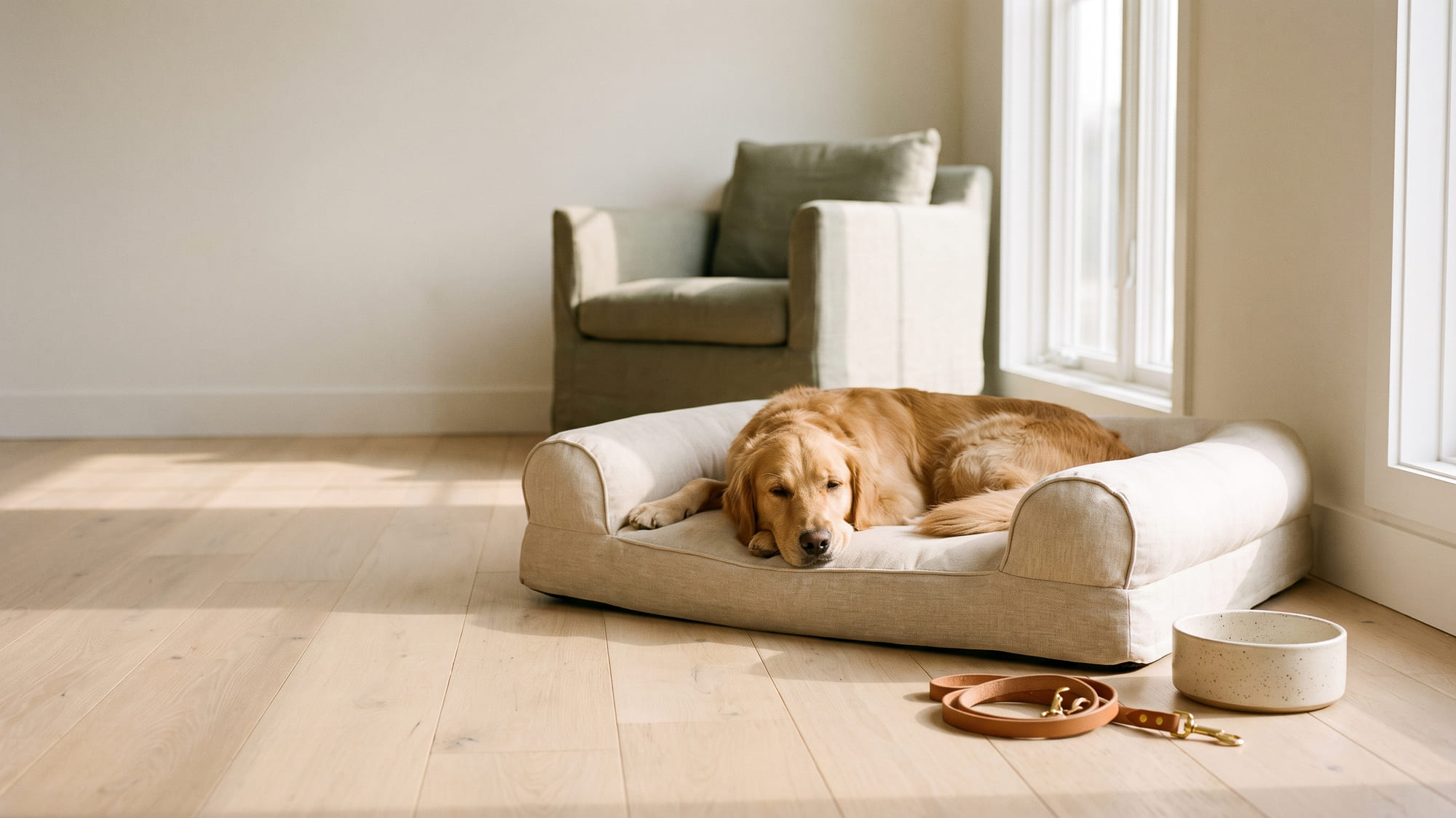A golden retriever resting on a linen bolster bed in a sunlit room
